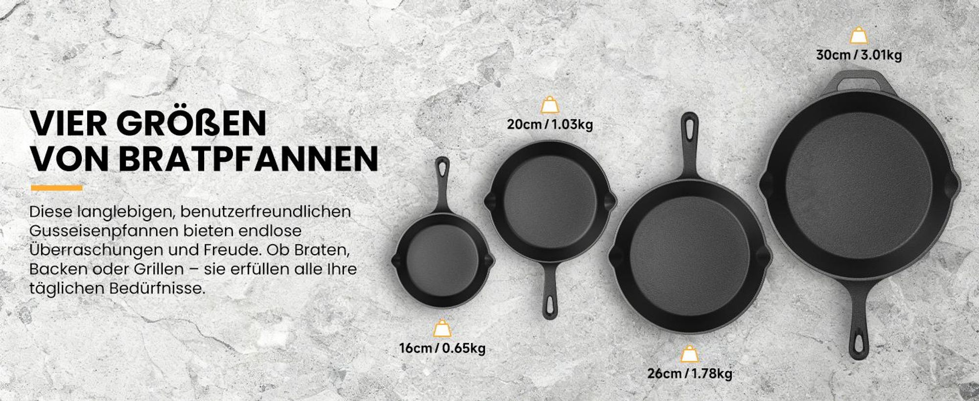 Gusseisenpfanne 3 tlg Pfannenset 16/20/26cm Bratpfanne Gusseisen Pfanne Induktion, Antihaft Pfanne Geeignet für alle Herdarten