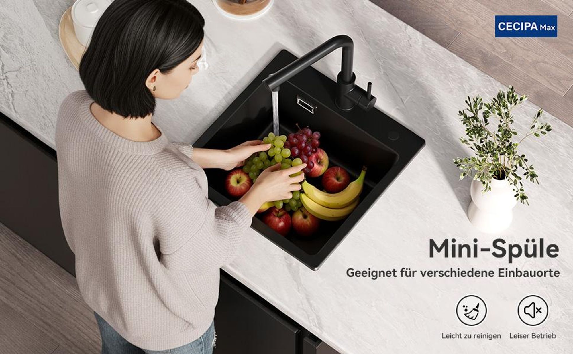 Cecipa MAX Granitspüle Spülbecken 45x45 cm Schwarz, Küchenspüle hitzebeständig, pflegeleichte Aufsatzspüle für kleine Küchen