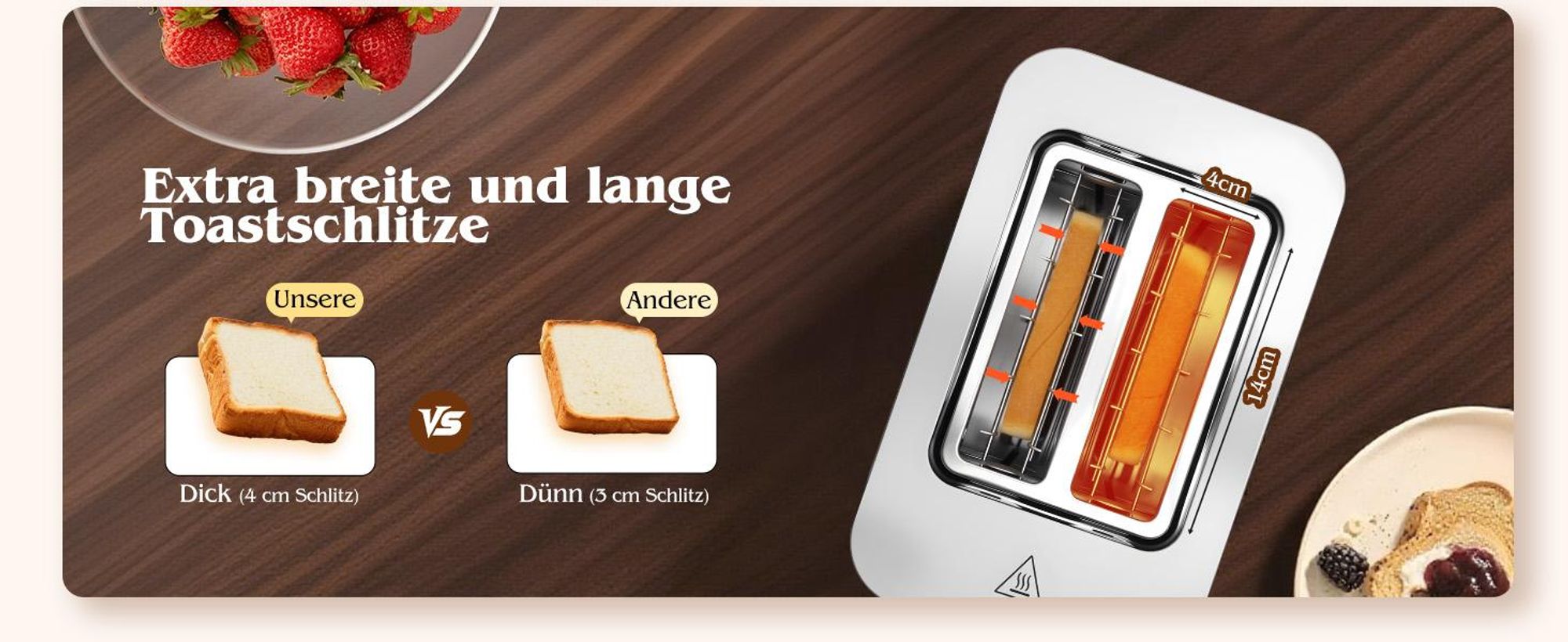 Aigostar - Toaster 2 Scheiben, 6 Bräunungsstufen, LED-Touchscreen, 4 cm extra breite Toastschlitze & Brotzentrierung, Edelstahl, 850W
