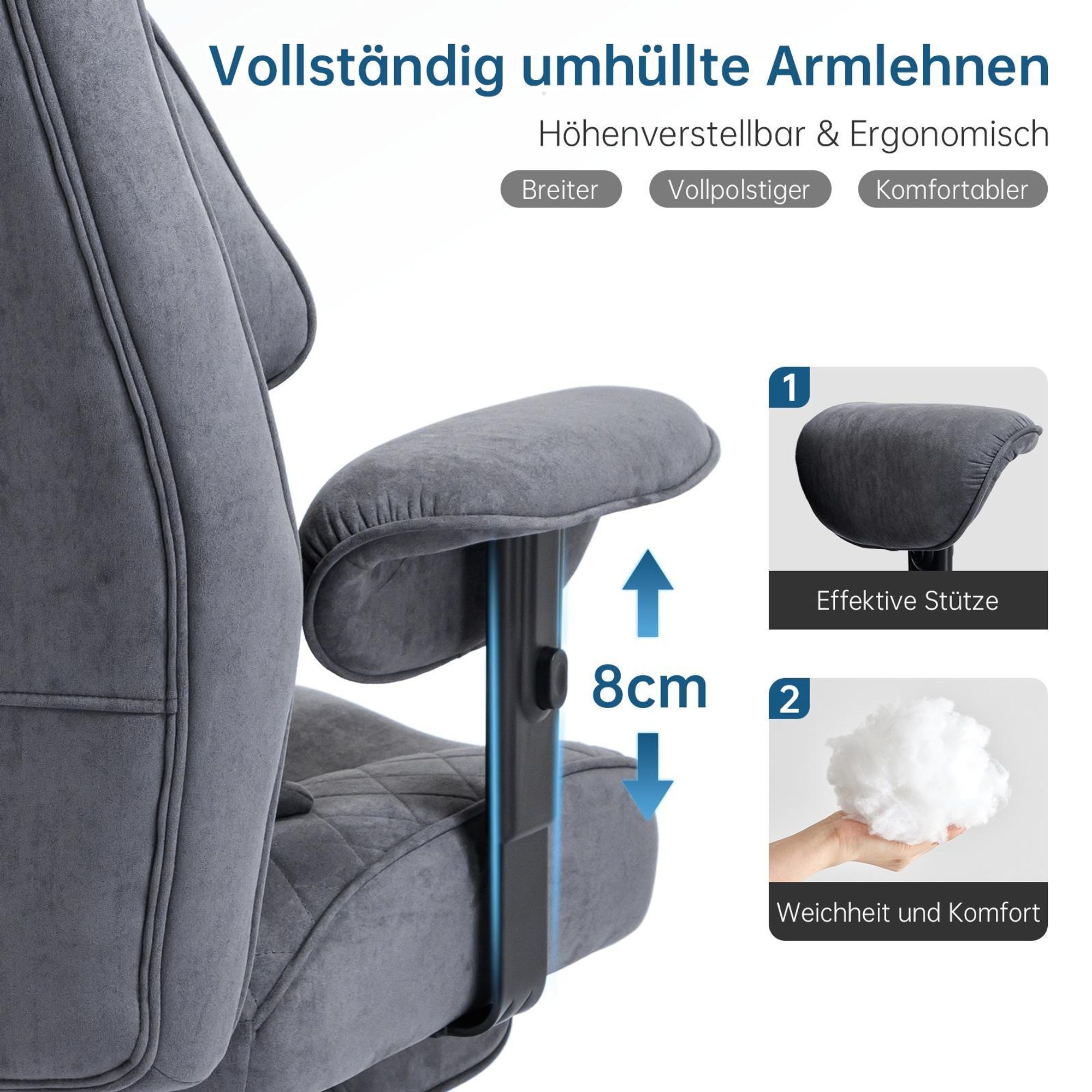 8cm höhenverstellbare vollumhüllte gepolsterte Armlehnen aus Samt