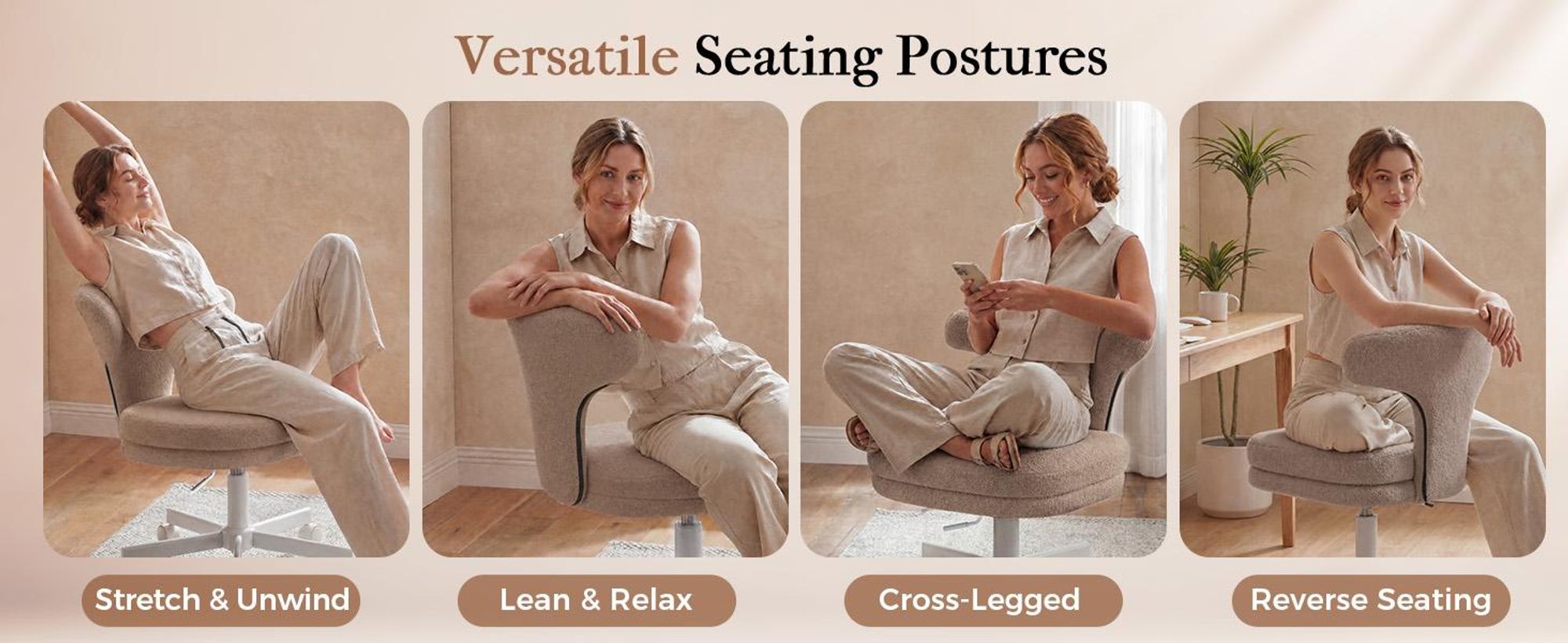 Chaise de maquillage COMHOMA avec roulettes, chaise de maquillage avec dossier enveloppant, fauteuil pivotant à hauteur réglable, jolie chaise de bureau pour chambre, pour la maison