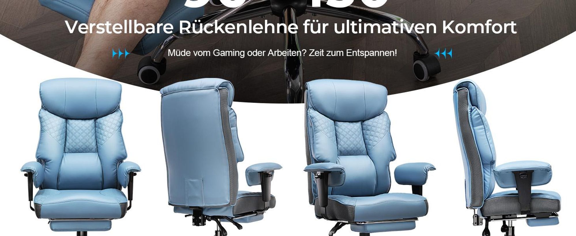 COMHOMA Gaming Stuhl für Große und Schwere Personen, ergonomischer Bürostuhl bis 180 kg, 3D Sitzkissen, verstellbar mit Fußstütze, Kunstleder, Hellblau