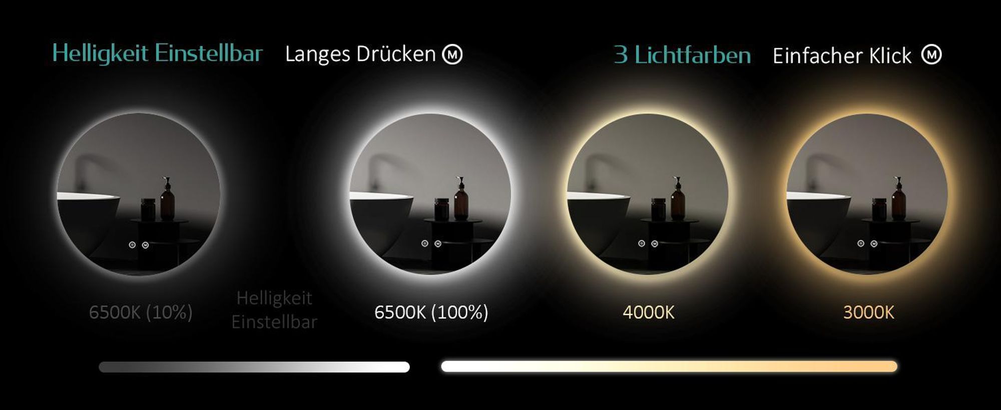 EMKE LED Badspiegel 50 cm Rund Spiegel Badezimmerspiegel mit Beleuchtung 3 Lichtfarbe 3000-6500K Kaltweiß Neutral Warmweiß Dimmbar Lichtspiegel