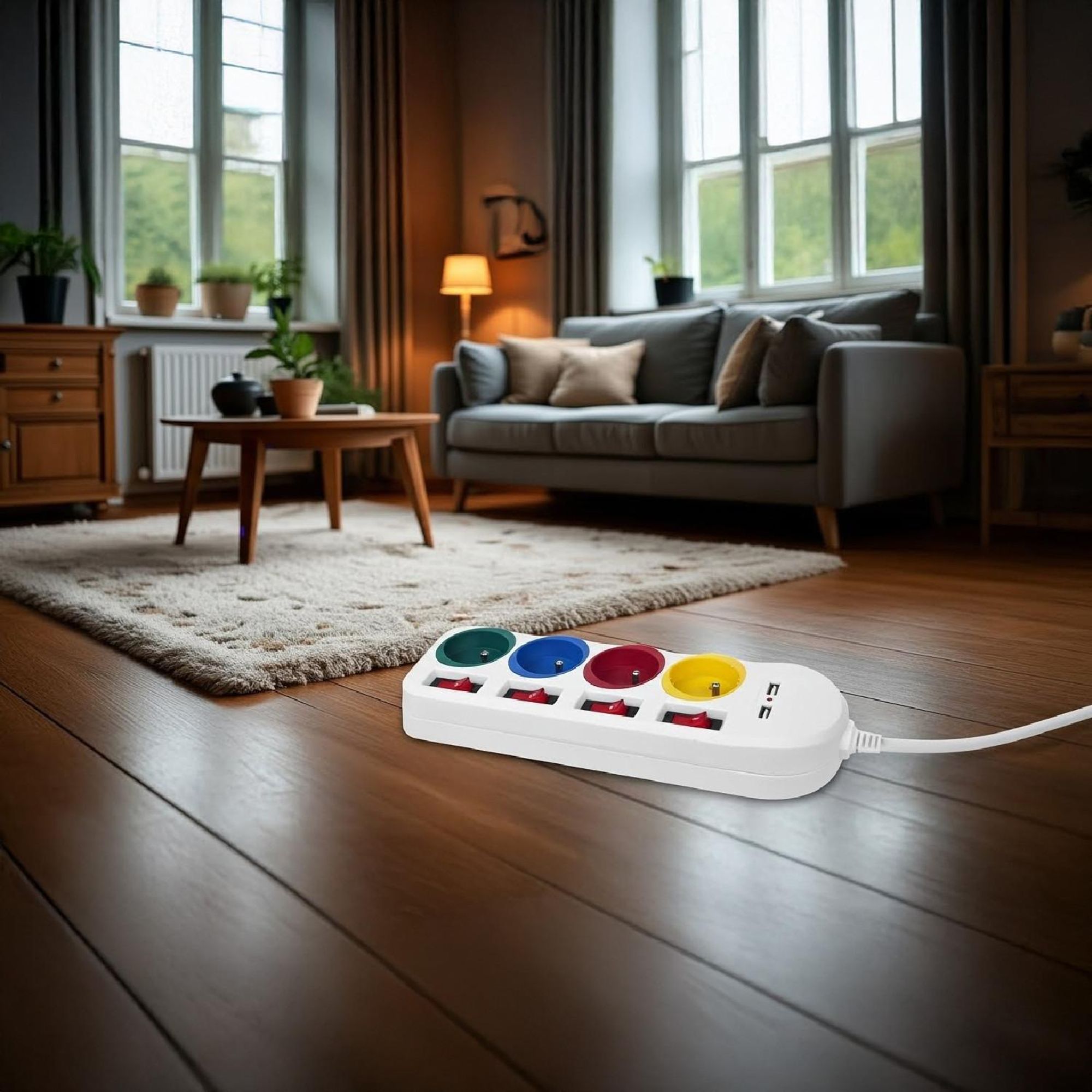 Maclean Steckdosenleiste  4-Steckdosen-Verlängerungskabel + 2xUSB  mit Schalter  250VAC/10A  2 1A 5V  1 5m  weiß  MCE229 W