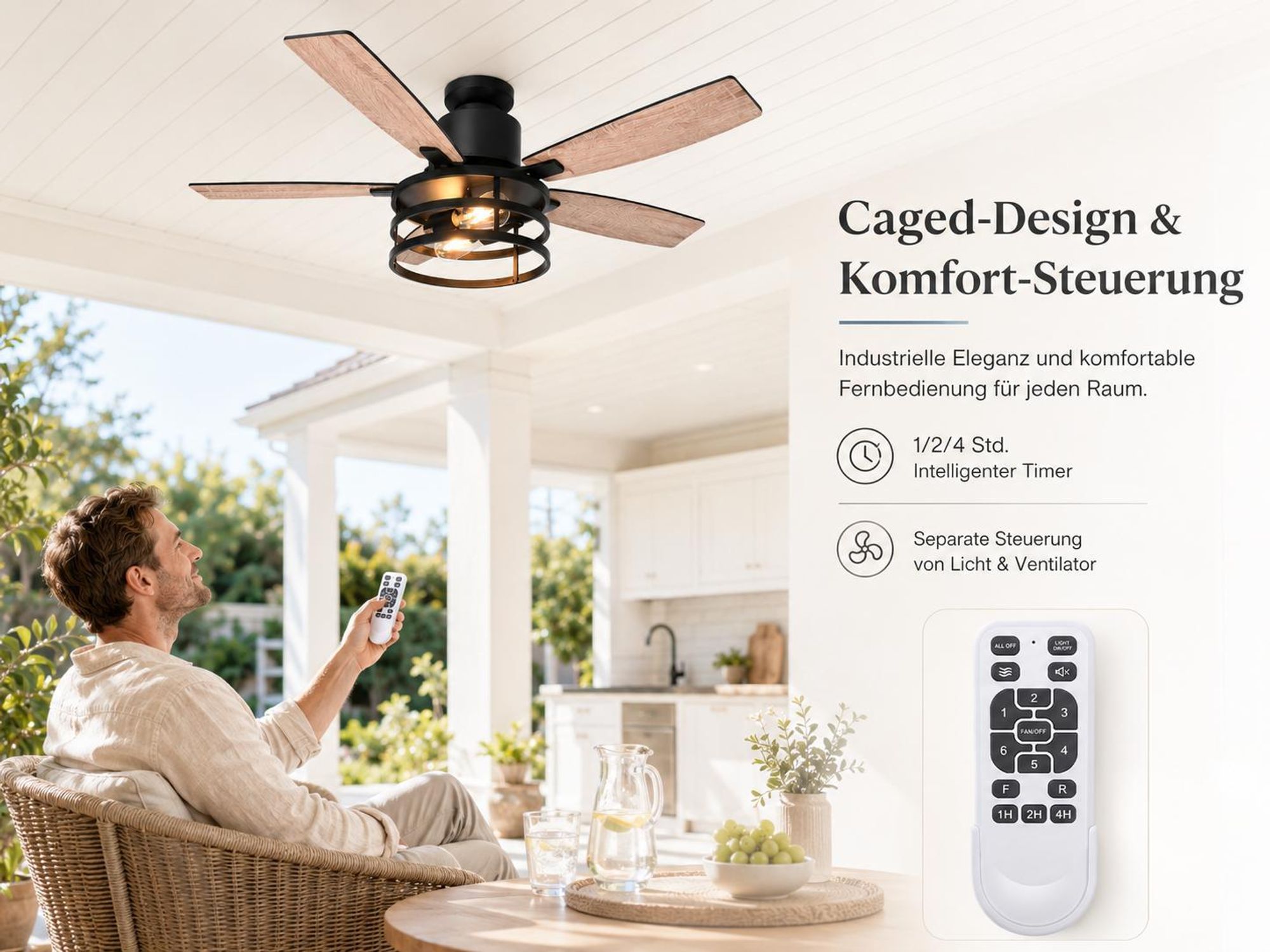 Ø112 cm Deckenventilator mit Licht und Fernbedienung Industrie Käfig-Design Leise DC Motor 5 Wendbare Flügel Deckenlüfter für Schlafzimmer Wohnzimmer