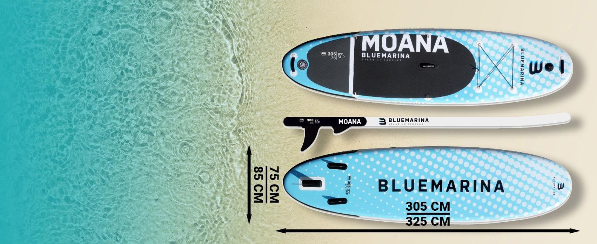 Stand Up Paddle Board Moana | SUP Board - inkl. Paddel, Pumpe & Rucksack - Standup Surfbrett aufblasbar - Kajak - Paddling Board - 305x76x15 cm