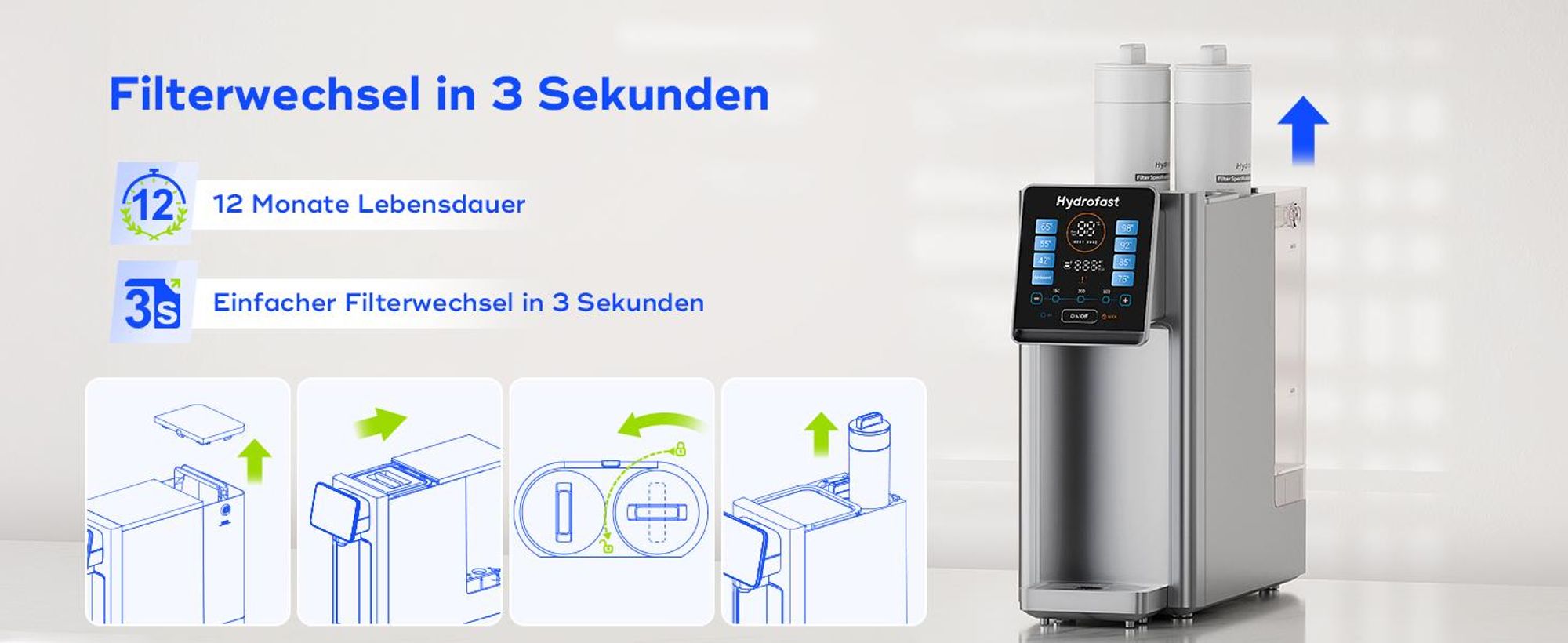 Hydrofast Wasserfilter W100 Tisch-Wasseraufbereiter mit Heiß- und Trinkwasser, Umkehrosmose, 8 Temperaturstufen, 6-stufige Filtration, UV-Sterilisat