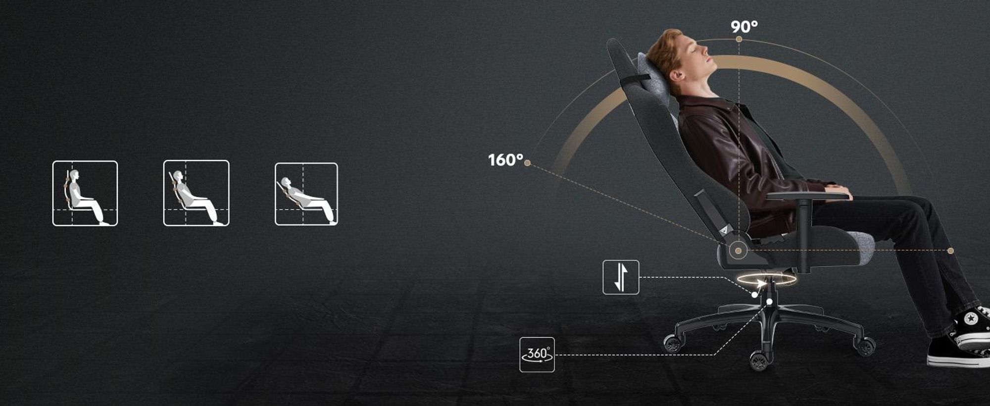 Herní židle SENSE7 Spellcaster FUKU XL, látka, šedá a černá – ergonomická kancelářská židle, nosnost až 160 kg, funkce naklánění, kolečka na tvrdou podlahu