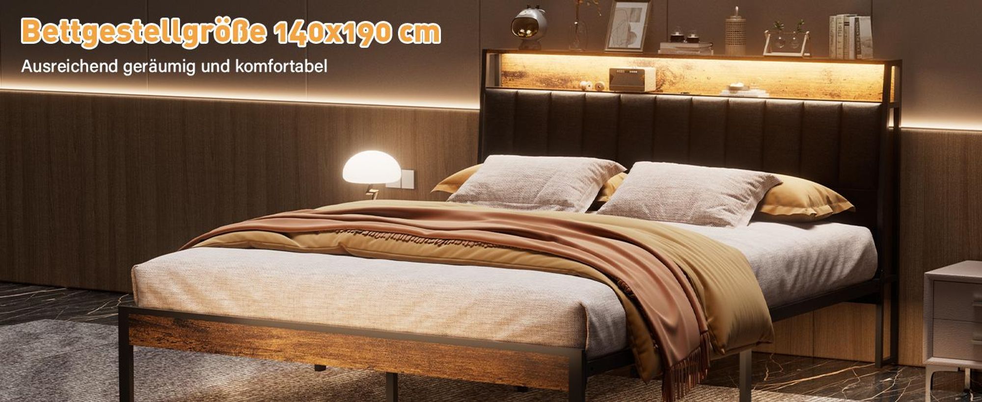 DEWINNER Bettrahmen 140 x 190, mit Metallgestell, 2-Personen-Bett, mit LED und Mehrfachsteckdosen (1 Steckdose, 2 USB-Anschlüsse), Doppelbett