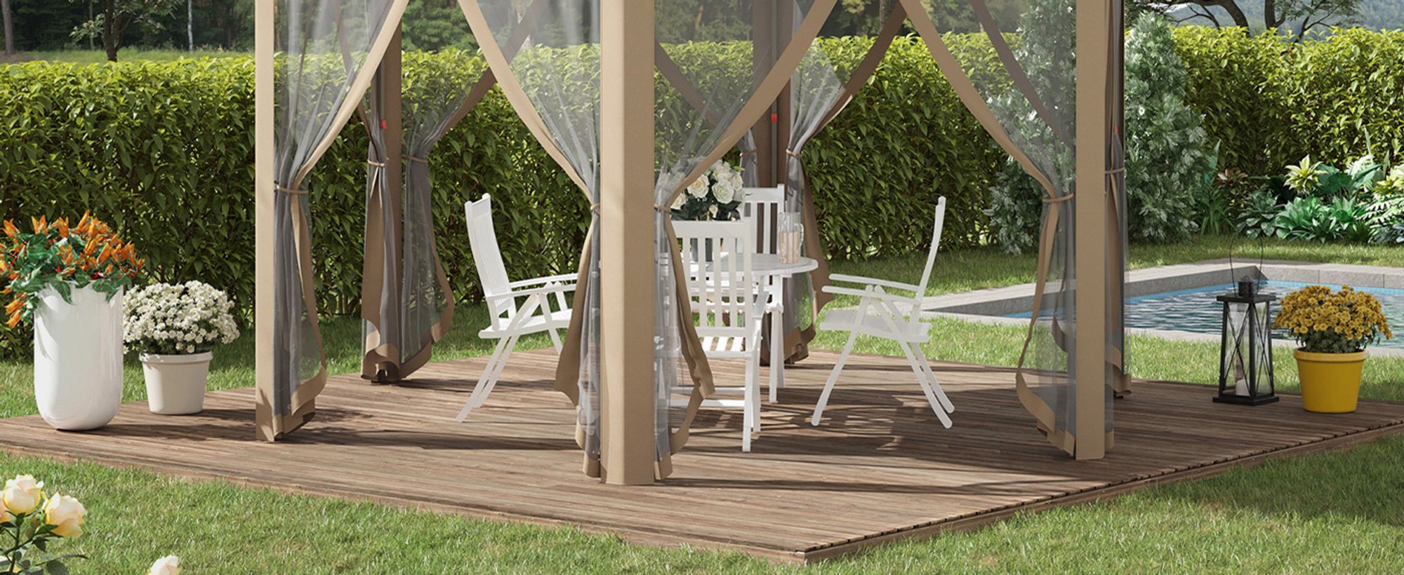 Outsunny Gartenpavillon Faltpavillon 4 x 4 m Pop-Up-Zelt Partyzelt inkl. Tragetasche 6 Seitenteile Doppeldach sechseckig Beige+Khaki