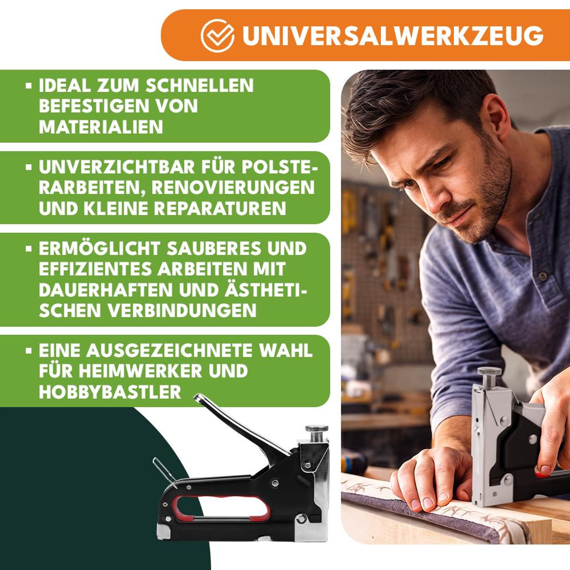 KRUMAD Handtacker Profi, Tackerpistole mit einstellbarer Schlagkraft, kompatibel mit D U T Klammern, robustes Stahlgehäuse