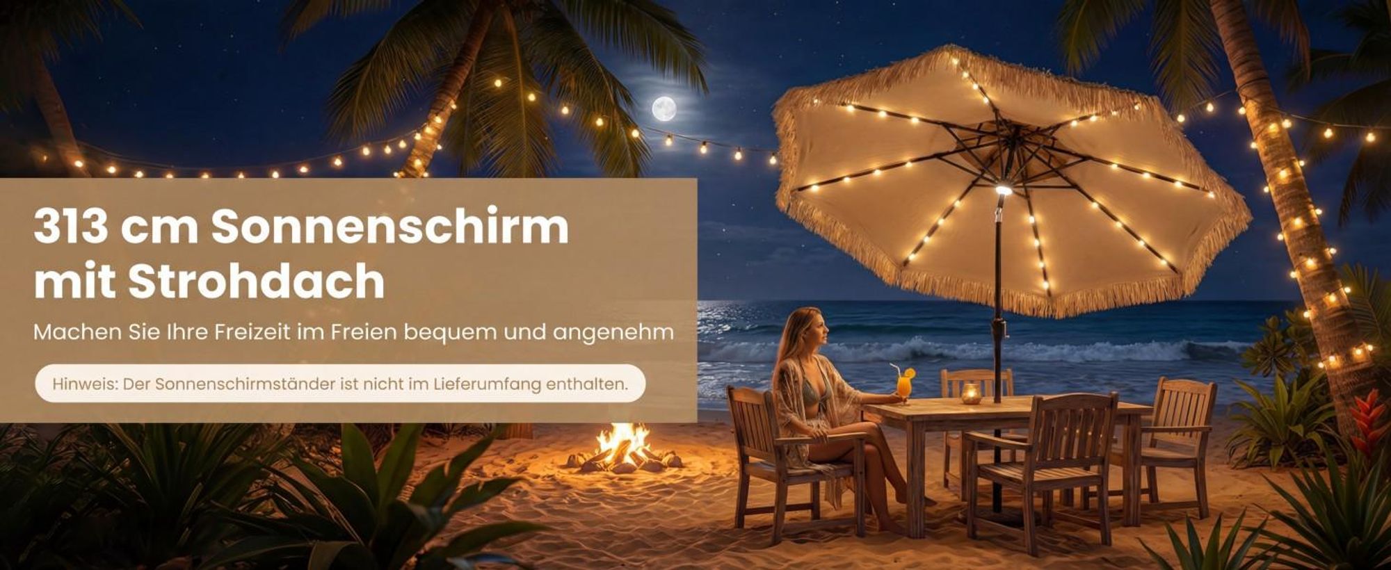 COSTWAY Sonnenschirm Hawaii 300 cm, Strohschirm mit Solar-LED und Doppeldach, Gartenschirm neigbar
