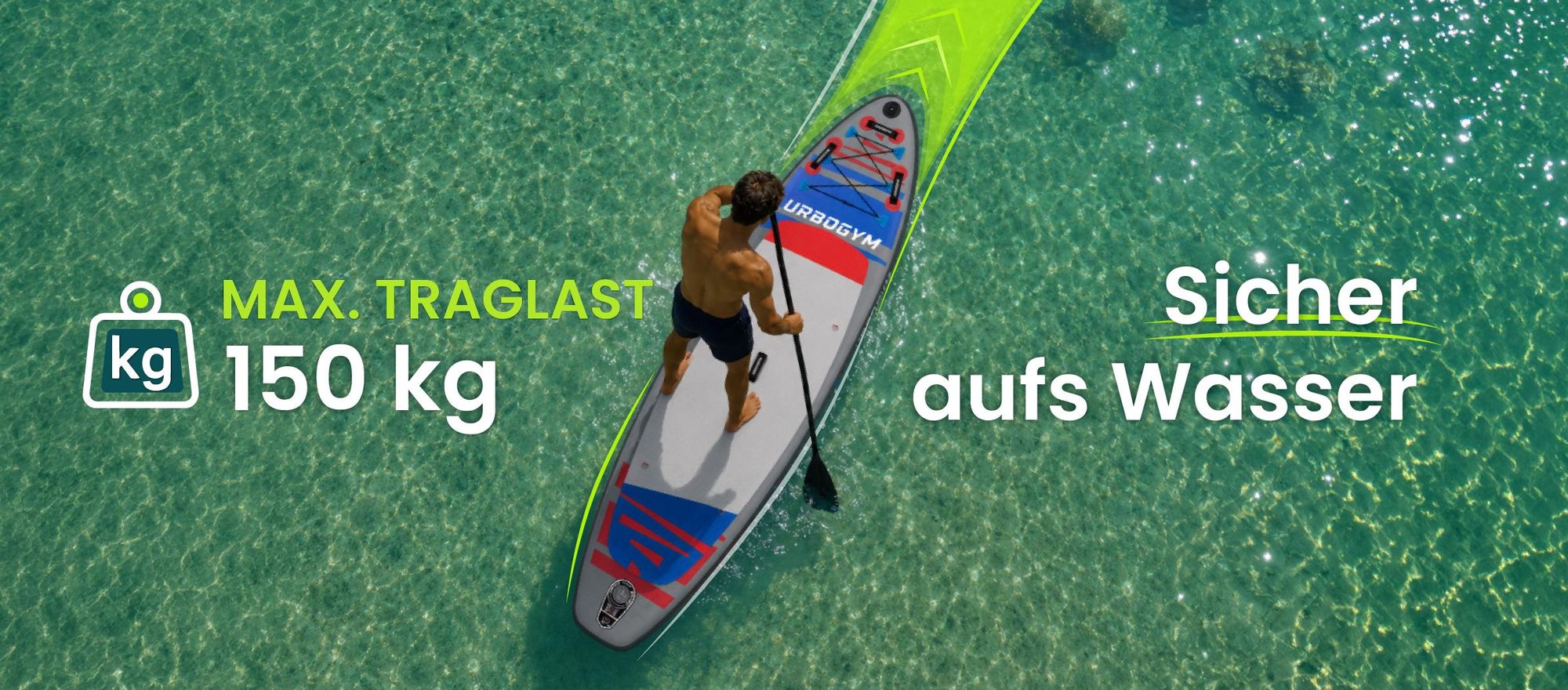 HAILSTORM 320 SUP-Board mit breiter Standfläche und einer maximalen Belastbarkeit von 150 kg.