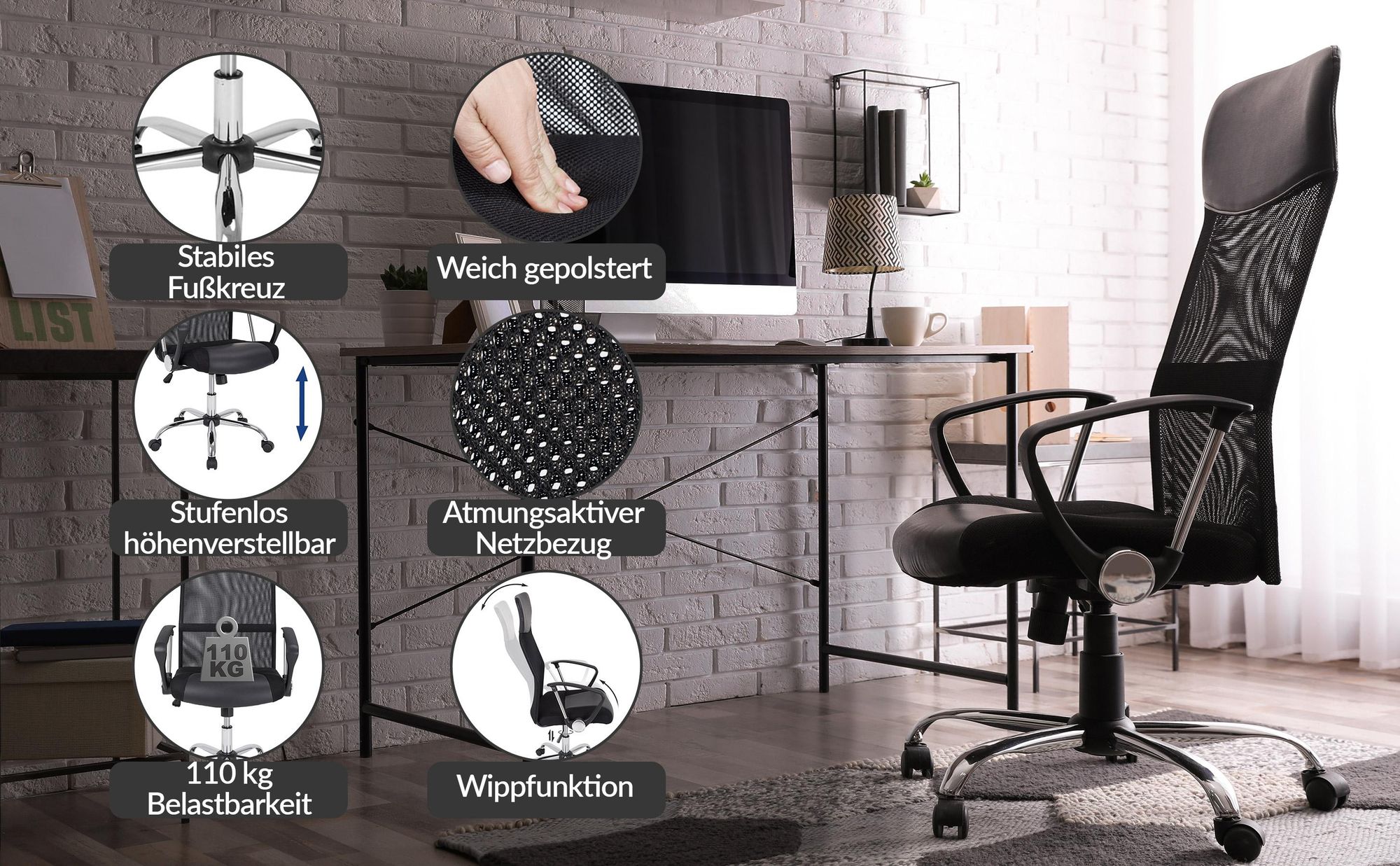 CASARIA ergonomischer Bürostuhl höhenverstellbar Schwarz