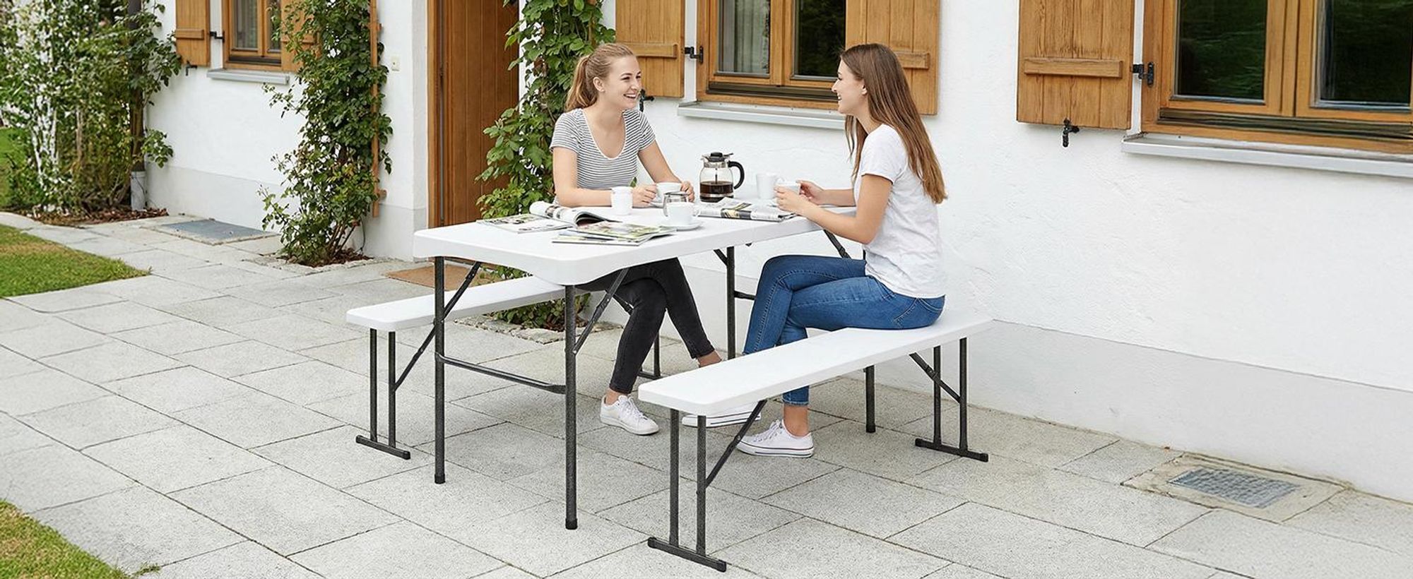 Sekey Bierzeltgarnitur Klappbar 3-teilig 110cm Tisch+2xBänke Festzeltgarnitur, Weiß