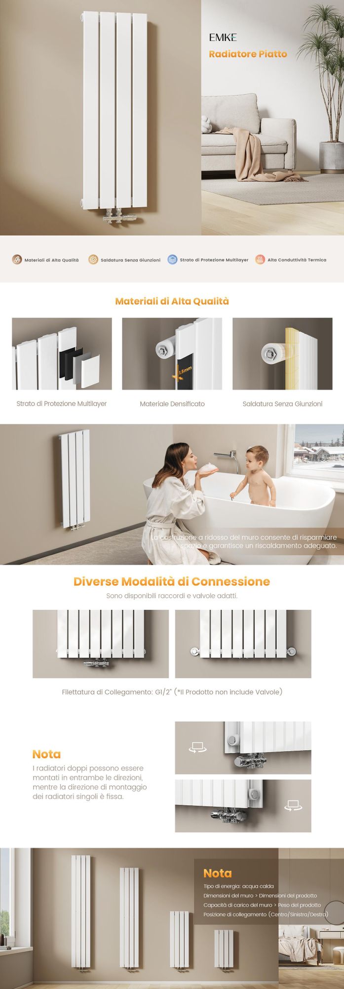 Radiatore EMKE Radiatore piatto di design Radiatore a pannello Verticale Monostrato Attacco centrale 180x30cm 559W Bianco senza resistenza elettrica
