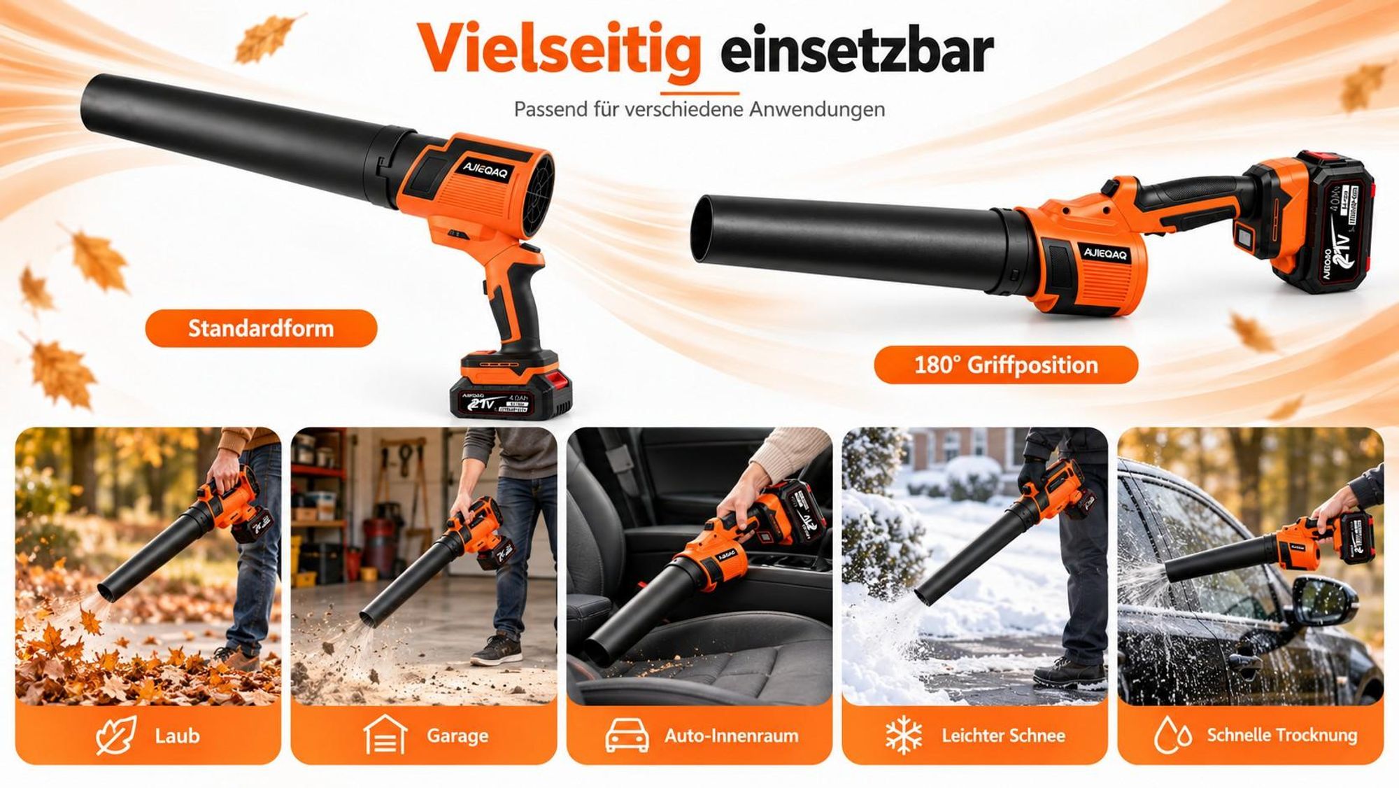 Akku-Laubbläser 21V Brushless, 1500W, 648 km/h, 6 Stufen + Turbo, 2×4,0Ah Akkus, 360° Griff, für Laub, Schnee, Auto & Trocknen