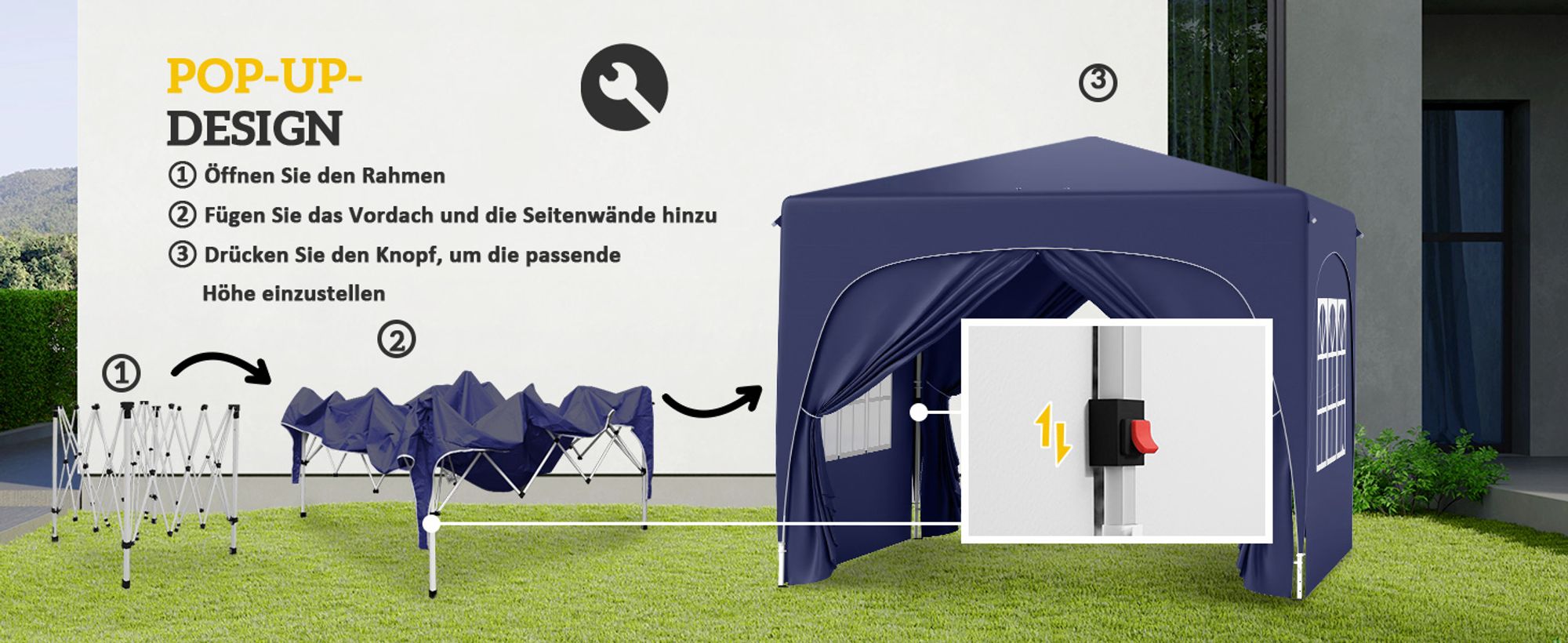 Outsunny Pavillon 3x3m, wasserabweisend Stabil Winterfest Pop-up Faltpavillon, UV Schutz 50+, Faltbar Partyzelt Gartenzelt mit 4 Seitenteilen Tasche Gartenpavillon für Camping Garten, Dunkelblau