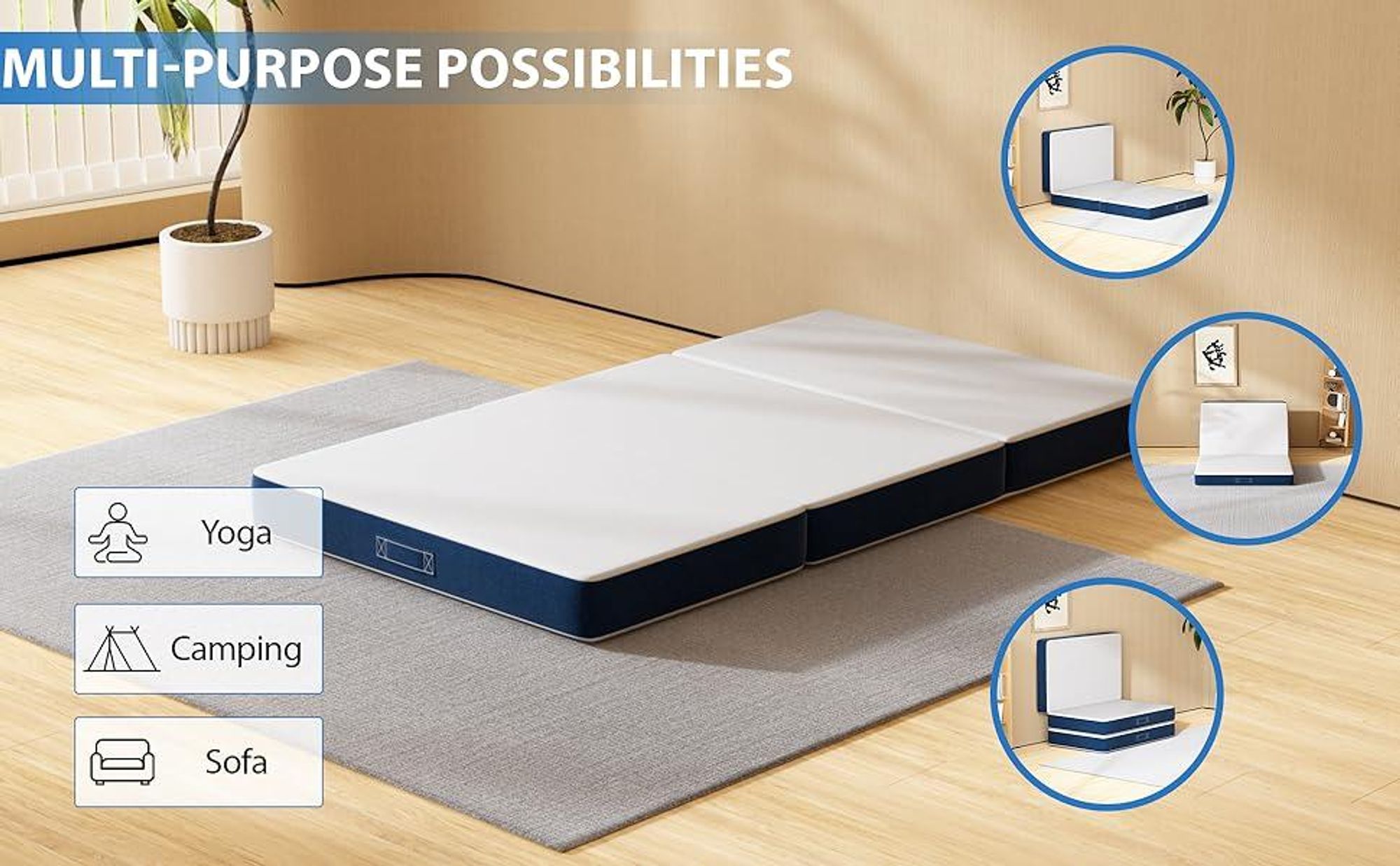 DEWINNER Matelas Pliant Triple,75x195x15cm, Matelas d'invité Polyvalent, 15cm Mousse épaisse, Housse Amovible et Lavable en Machine