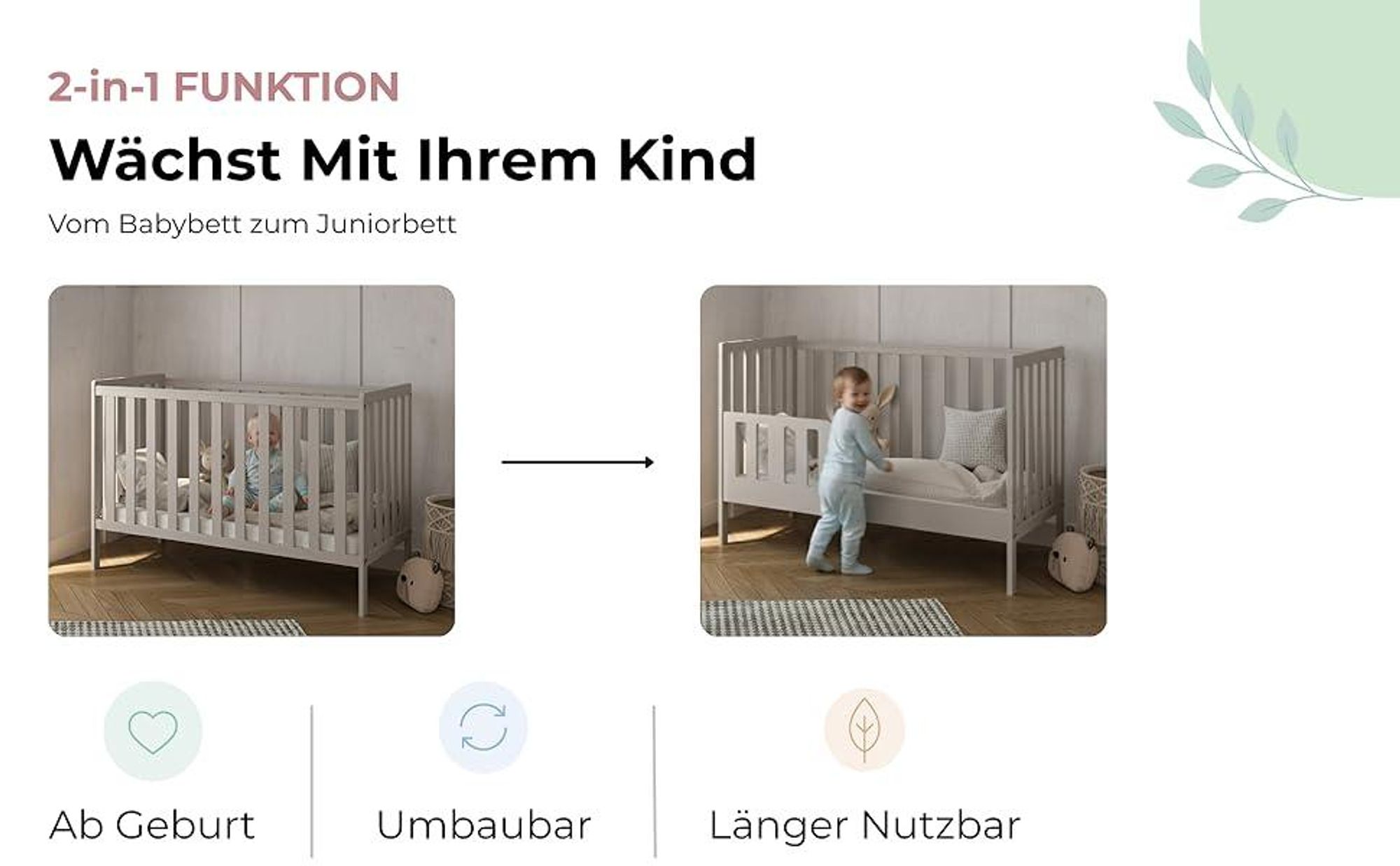 ZEE BAMBI Weiß Babybett 120x60 cm 2in1 mit Umbaubarriere  Klassisches Gitterbett 3-Fach Höhenverstellbar Kinderbett mit Beißschutz