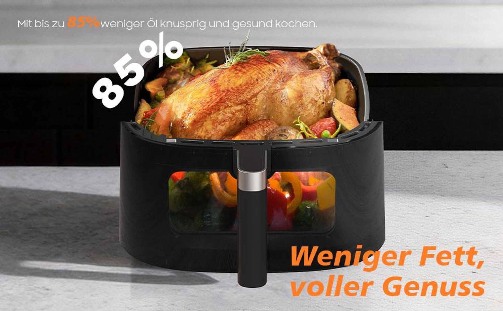 Airfryer, 6l Heißluftfritteuse, 9 Programme, 40–240 °C, Warmhalte-Funktion, Sichtfenster, Antihaftbeschichtung, 1650 W, Schwarz