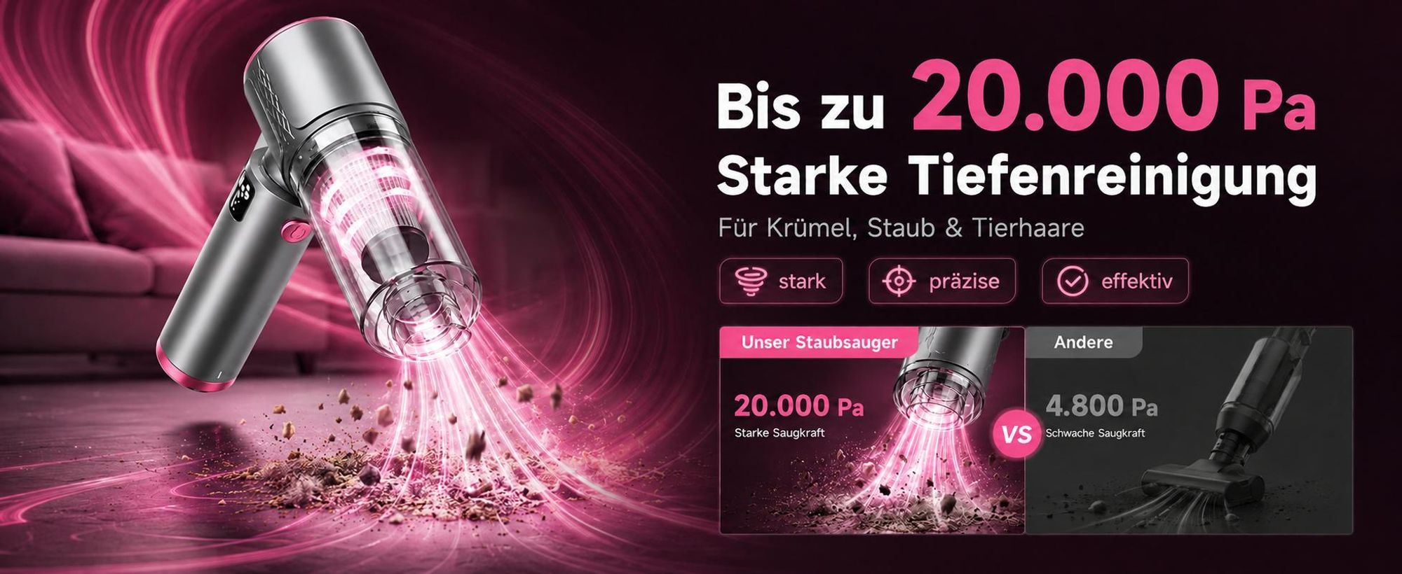 4-In-1 Handstaubsauger, 20000PA Akku-Handstaubsauger, LED kabelloser Autostaubsauger,Staubsauger&Gebläse, Mini Staubsauger für Auto, Zuhause, Haustier