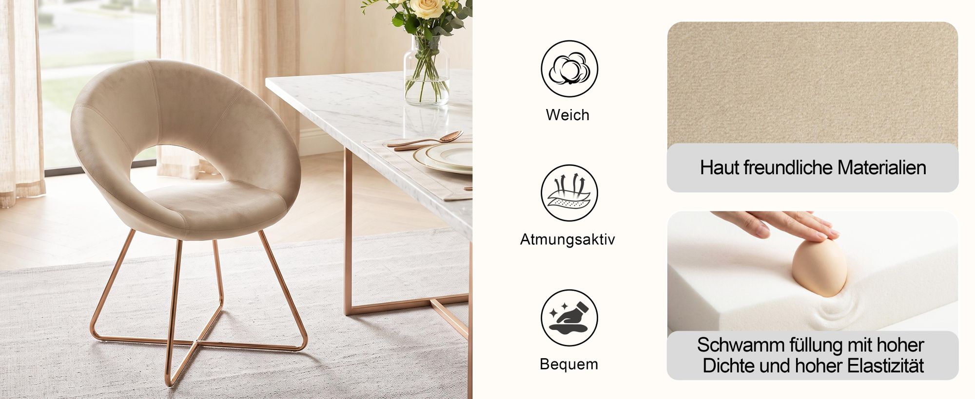 Duhome Esszimmerstuhl Schminktisch Stuhl Wohnzimmerstuhl Samt Sessel Küchenstuhl Polsterstuhl mit Gold Metallbeine, Beige