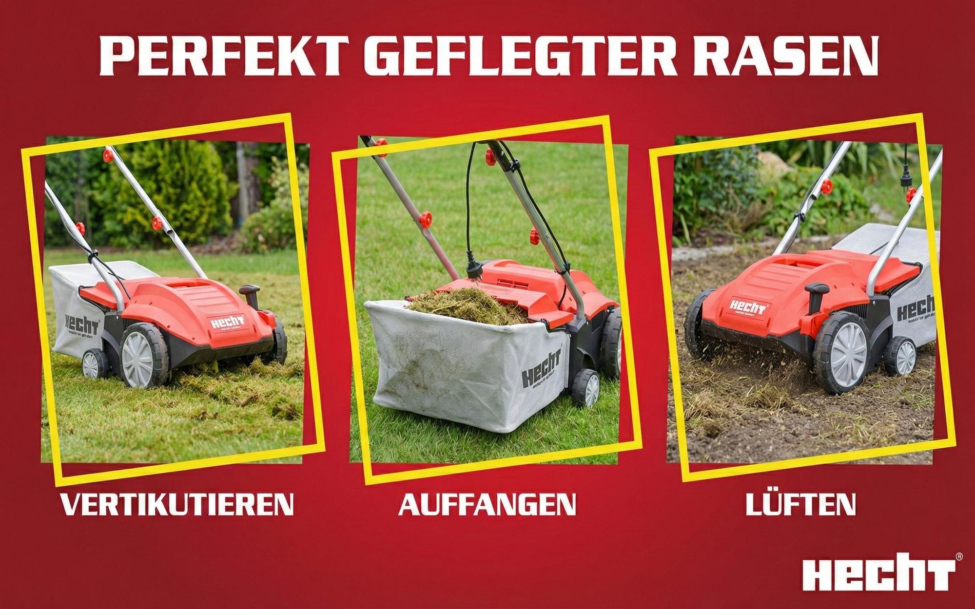 HECHT 1420 Vertikutierer Elektro | 2in1 Rasenlüfter | 32 cm Arbeitsbreite | 1500W | 35L Fangkorb | 16 Messer