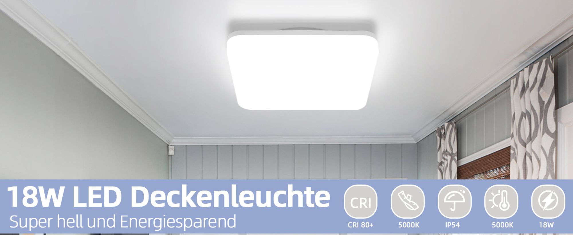 ZMH Deckenlampe LED Deckenleuchte Flach 22CM Badezimmerlampe Eckig Badezimmer Deckenbeleuchtung IP54 Küchenlampe 18W Decke Weiß Flurlampe 5000K