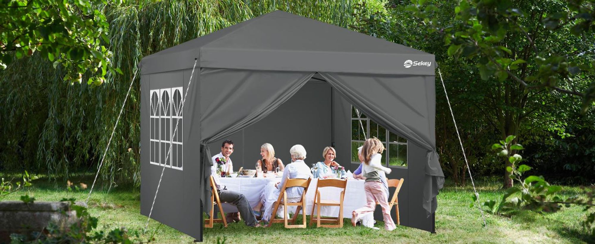 Sekey Faltpavillon 3x3 mit 4 Seitenwänden und mit 4 Sandsäcke, Wasserdicht Pop Up Pavillon für Camping, Festival, Events, Picknicks, Grau