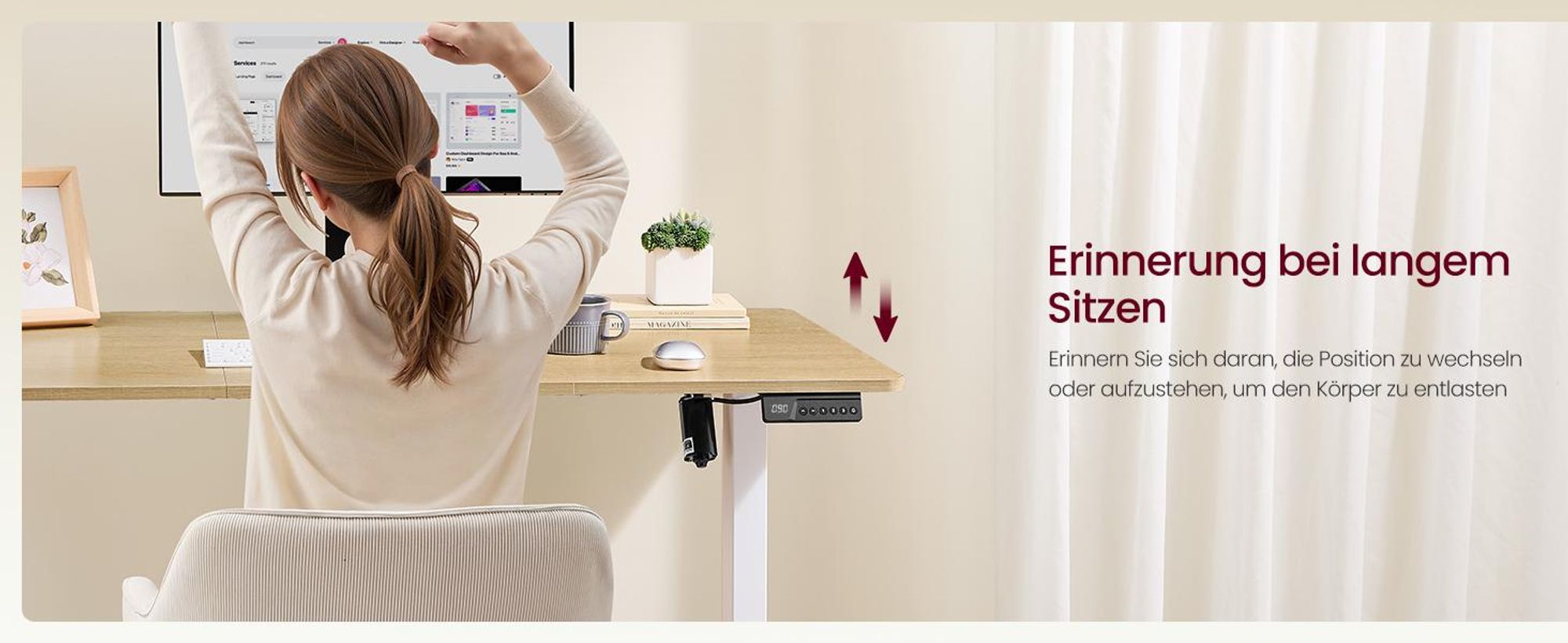 VASAGLE Elektrisch verstellbarer Stehtisch, Memory-Funktion mit 4 Höhen, Schreibtisch für Home Office, 140 x 60 cm, goldeichenfarben und mattweiß