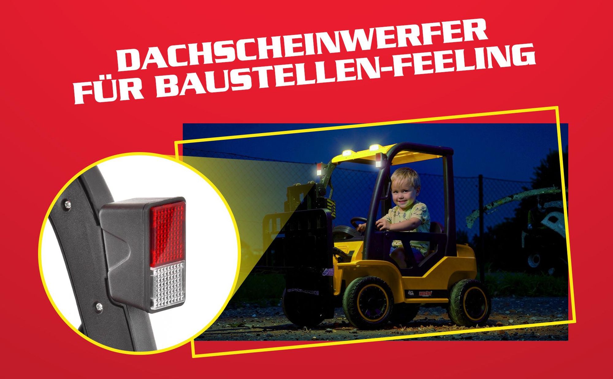 Kinder Gabelstapler 52108 Gelb mit Fernbedienung bis 6 km/h | 2x40W | Radio, USB & BLuetooth | mit Licht