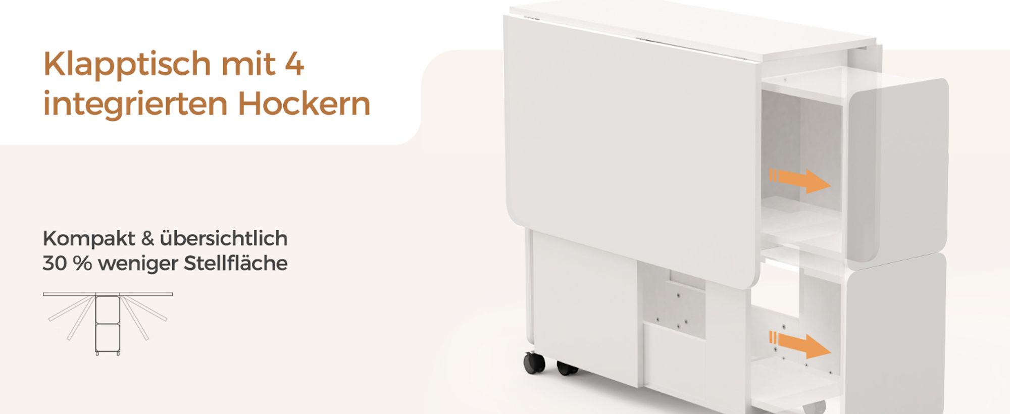 Mondeer Esstisch mit 4 Hockern Platzsparend (120x80→33x80cm), Rollbar mit Bremsen, 3-in-1 Funktion & Schnell Aufgebaut Weiß