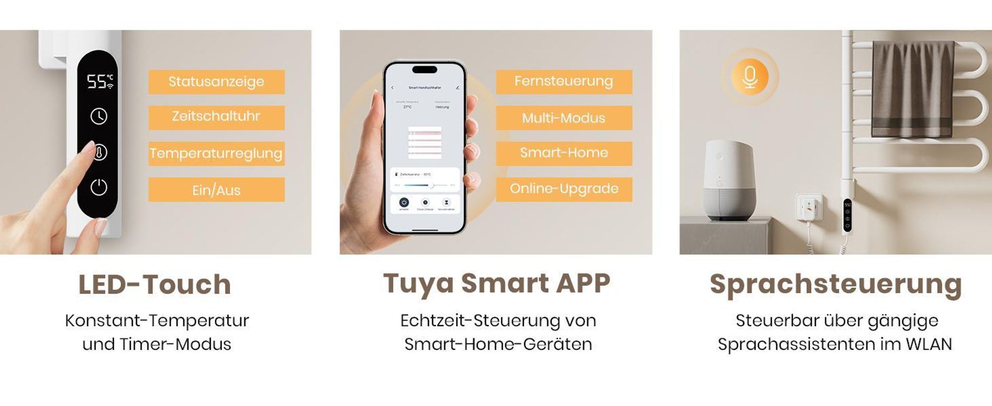 EMKE Handtuchwärmer Elektrisch 780 x 430 x 90mm 130W drehbar U-Rohr Intelligent Touch LCD Tuya Alexa Badheizkörper Weiß Heizkörper