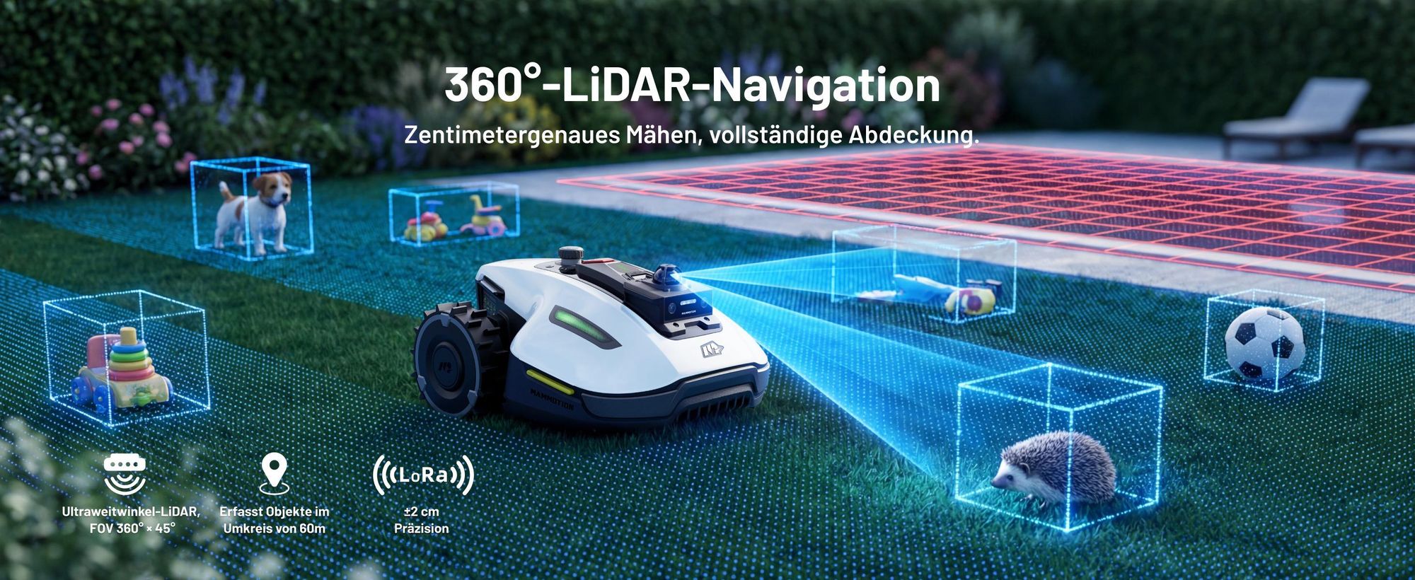 Mähroboter Mammotion YUKA Mini 2 1000 mit Garage, Waschständer, bis 1000 m², DropMow, Auto-Kartierung, Kantenschneiden, APP