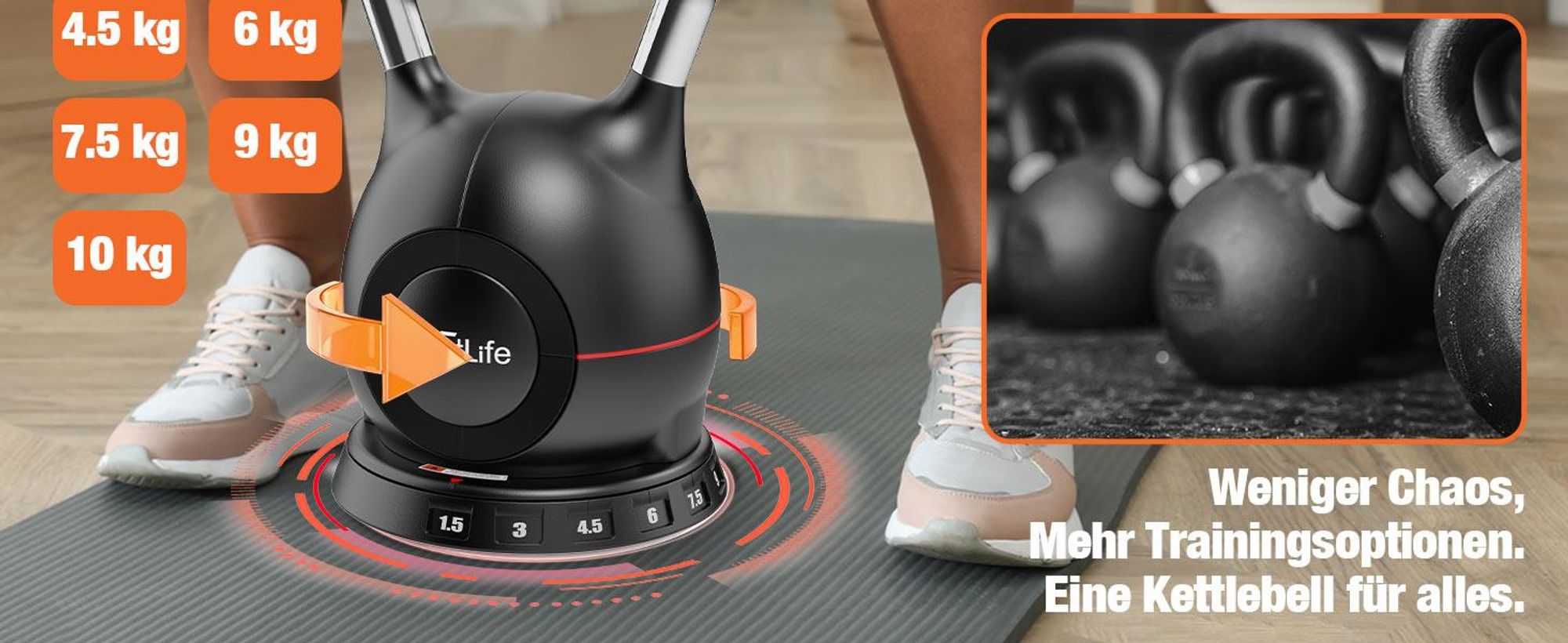 DH FitLife 7-in-1 Verstellbare Kettlebell Set 1,5-10kg | Kompakt & Platzsparend | Ideal für Fitness Zuhause, Fatburn & Ganzkörpertraining