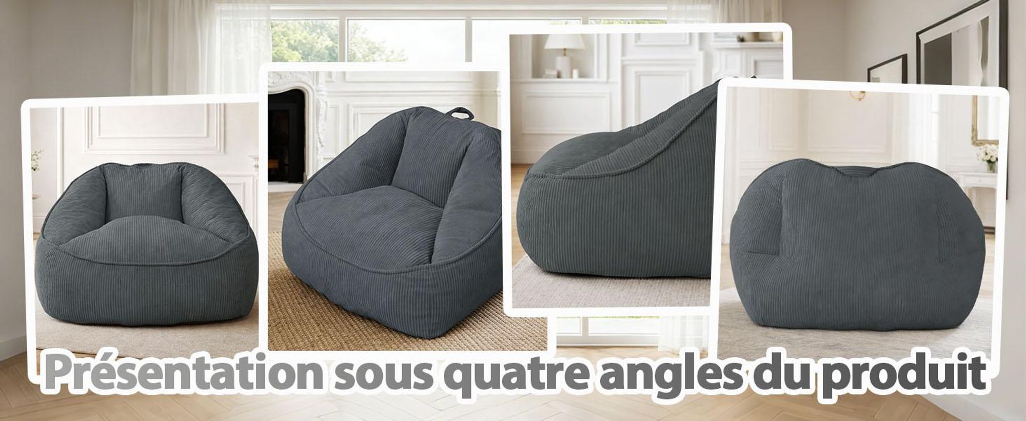 Pouf géant pour adulte, rembourrage en mousse déchiquetée, canapé de sol moelleux, forme poire, gris