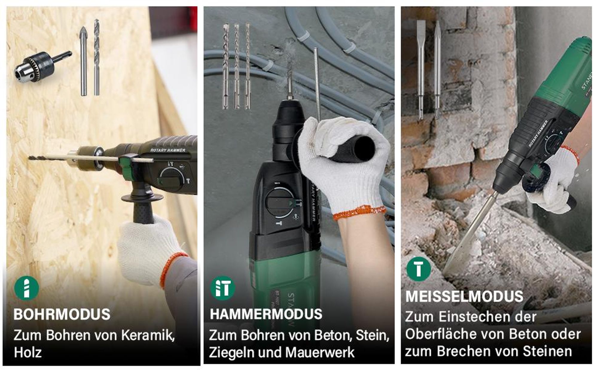 STANEW Bohrhammer 950 W kabelgebundener SDS-Plus mit 16 Zubehörteilen, 0–1150 U/min/5100 BPM Schlagbohrmaschine mit 4 Funktionen und Sicherheitskupplu