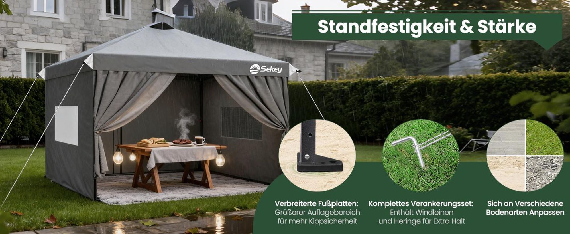 Sekey Faltpavillon 3x3 m Gartenpavillon mit 4 Seitenteilen und Privatsphären Fenster