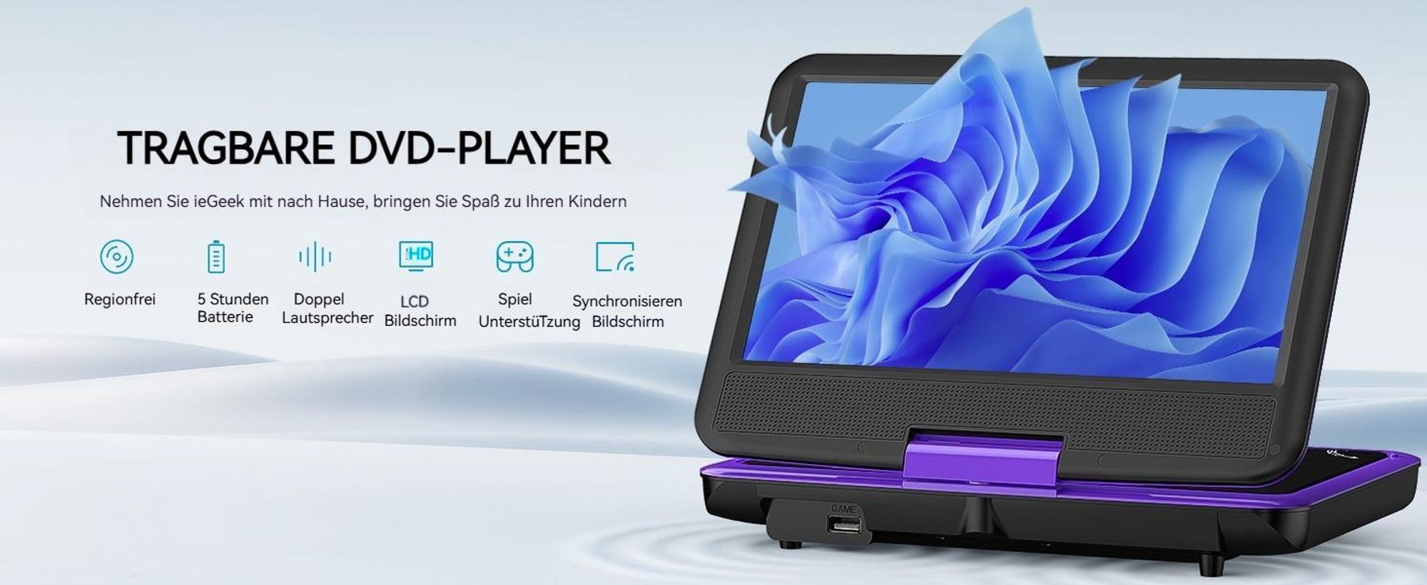 11,5" Tragbarer DVD-Player mit 9,5" HD-Schwenkbildschirm ideal fürs Auto Memory-Playback-Funktion und 4-6 Stunden Akkulaufzeit Kein Blu-ray-Support