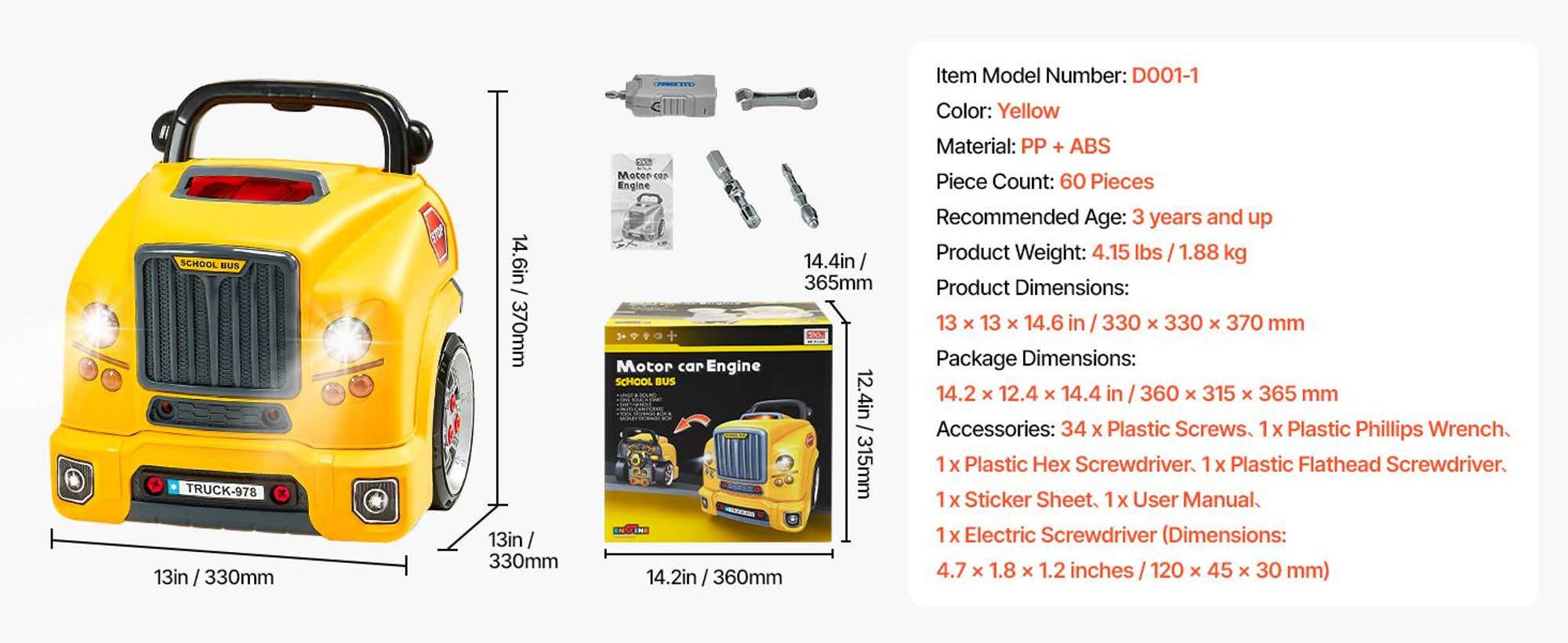 VEVOR Motor Spielzeug, 60 Teile, Kinder Mechaniker Auto Reparatur Set mit abnehmbaren Teilen, Lichtern und Geräuschen, Lenkrad und Hupe, Kinder Mechaniker Werkstatt Set für Kleinkinder ab 3 Jahren, Blau, Gelb