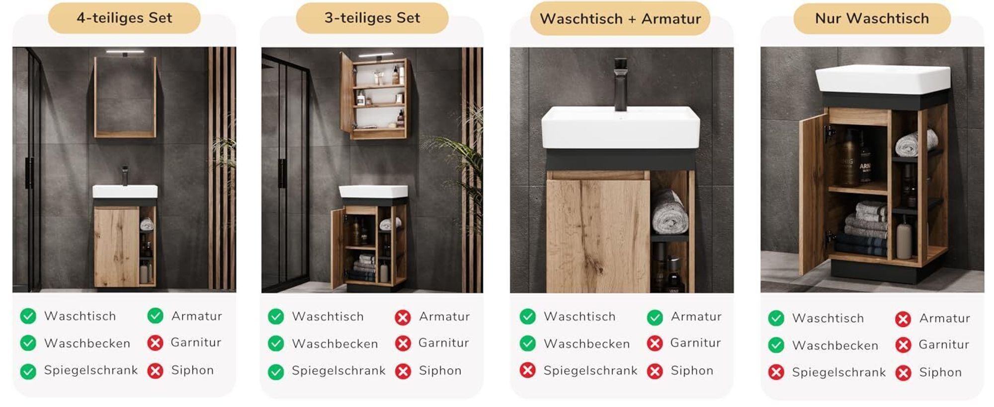 Planetmöbel Nyx Badmöbel-Set 2-teilig Waschtisch mit Unterschrank 45cm Wotan Eiche/Anthrazit & Bad-Armatur schwarz