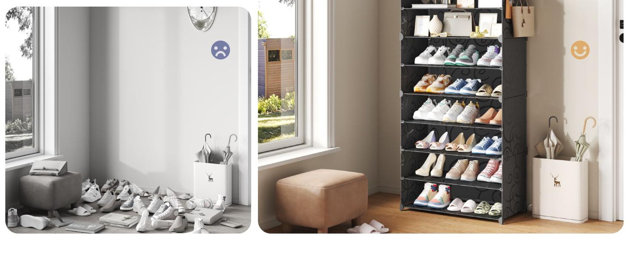Mondeer Aufbewahrungsschrank aus PP, 8 Fächer Schuhschrank mit Haken für 24 Paar Schuhe, höhenverstellbar, für Flur & Wohnzimmer Schwarz