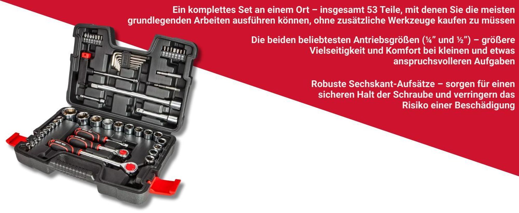 TOP TOOLS Steckschlüsselsatz 53-teilig 1/4 & 1/2 Zoll – Ratschenkasten mit Stecknüssen & Zubehör