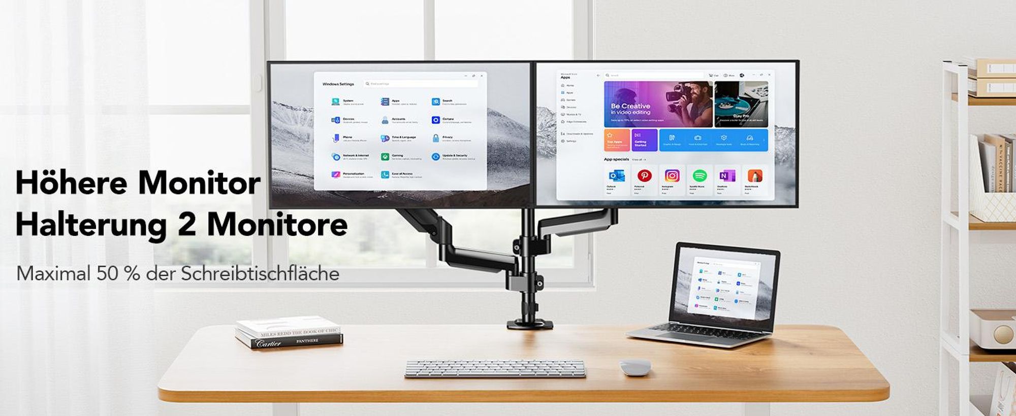 Monitor Halterung, 2-fach Monitor Schreibtisch Halterung, für 13-32 Zoll PC Monitor,Höhenverstellbare Bildschirmhalterung mit Langem Arm,VESA 75/100mm