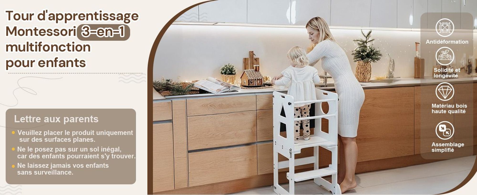 FCH Lernturm Für Kinder, Montessori Lernturm, 45 × 35 × 88cm, Fichtenholz + Mehrschichtplatte,Weiß