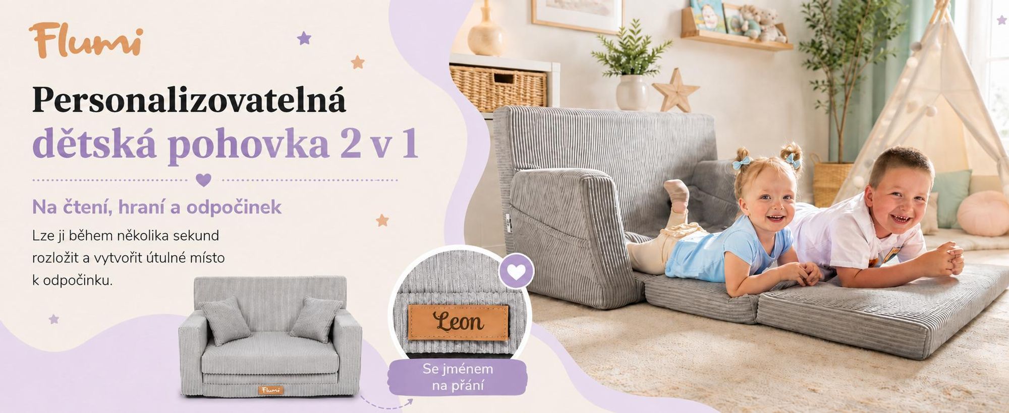 Flumi dětská rozkládací pěnová pohovka na spaní, pratelný potah