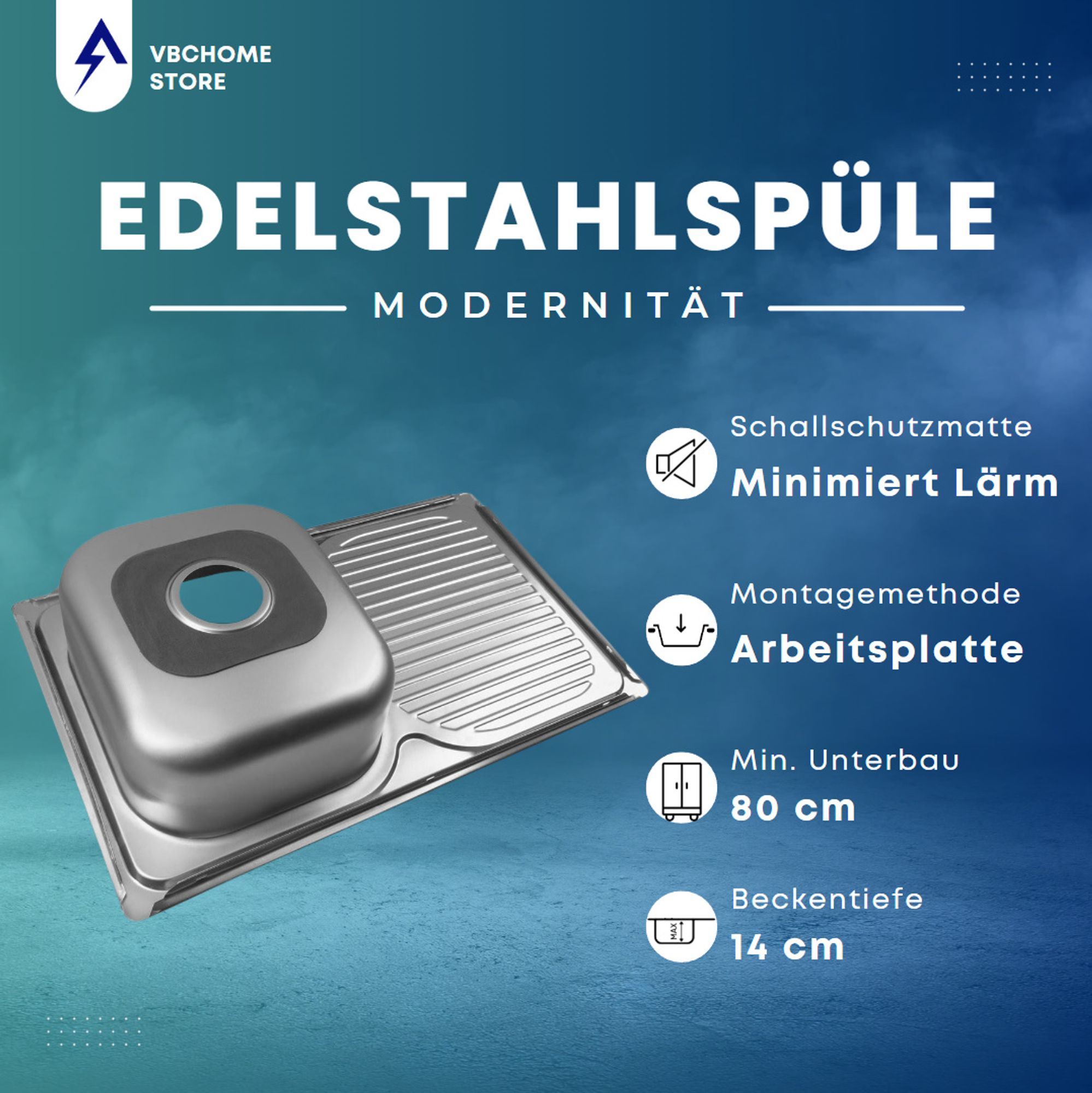 VBChome Edelstahlspüle 75 x 40 x 14 cm Edelstahl Glatt Küchenspüle mit Hahnloch Spüle Linksseitig Pflegeleichte Abtropffläche Ablaufgarnitur Siphon