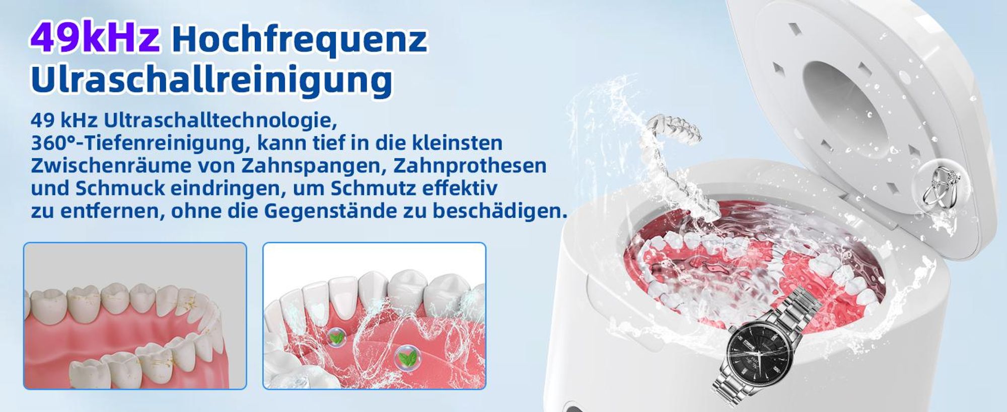 Ultraschallreiniger, Ultraschallreinigungsgerät, 50000Hz Ultrasonic Cleaner, 340ML Ultraschallgerät mit 6 UV-Licht & 4 Modes, für Zahnersatz, Retainer