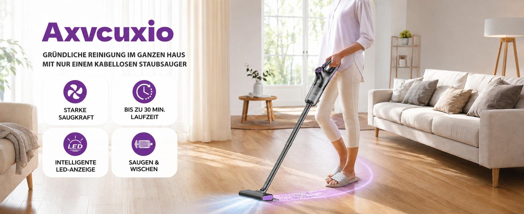 4-in-1 Akku-Staubsauger, 15.000 Pa, kabelloser Hand- und Stielstaubsauger mit LED-Anzeige & HEPA-Filter, für Hartboden, Teppich und Tierhaare, Lila